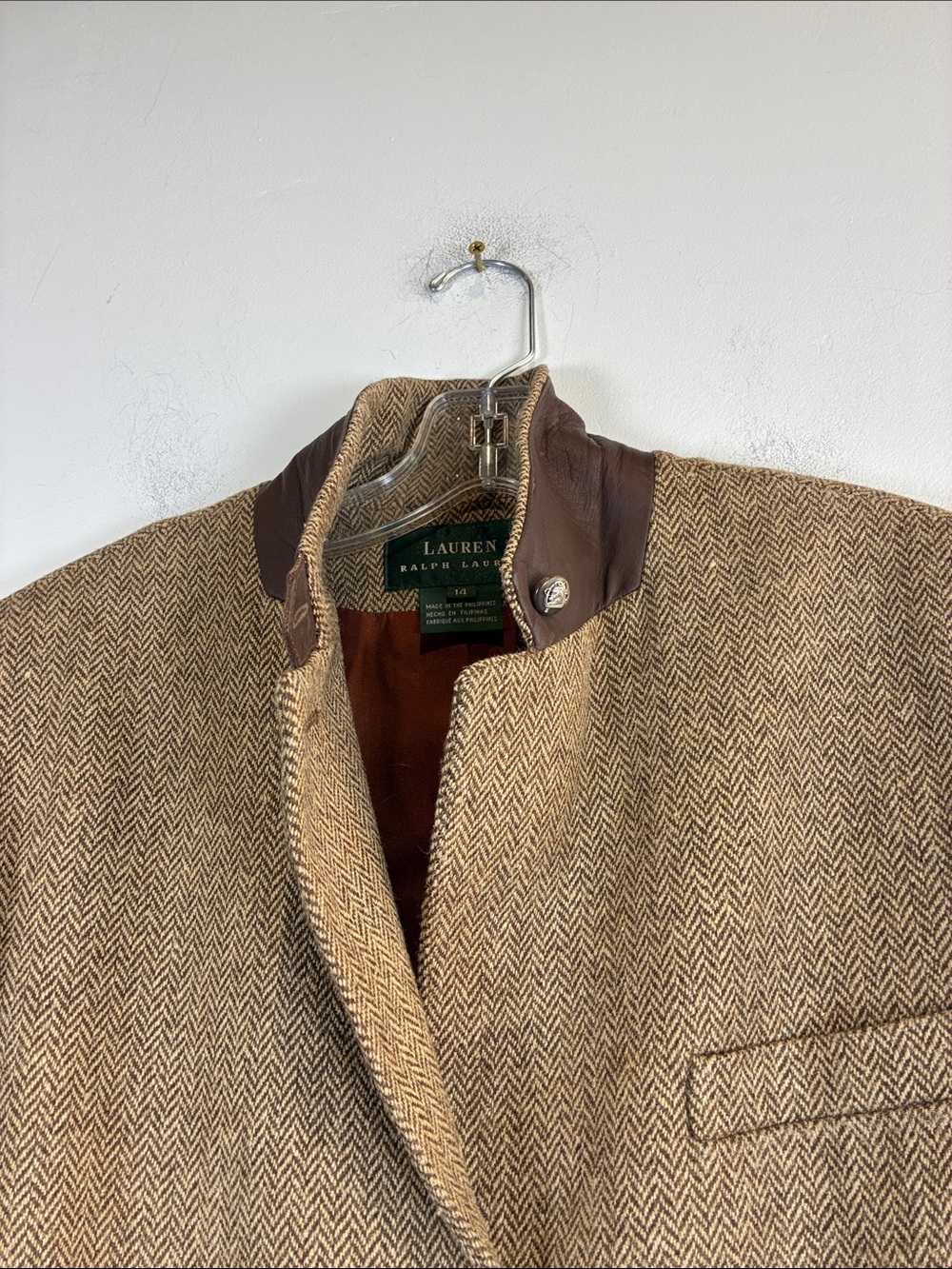 Ralph Lauren Brown Herringbone Wool Blend Riding Jacket, Size 14 - Picture 8 of 8